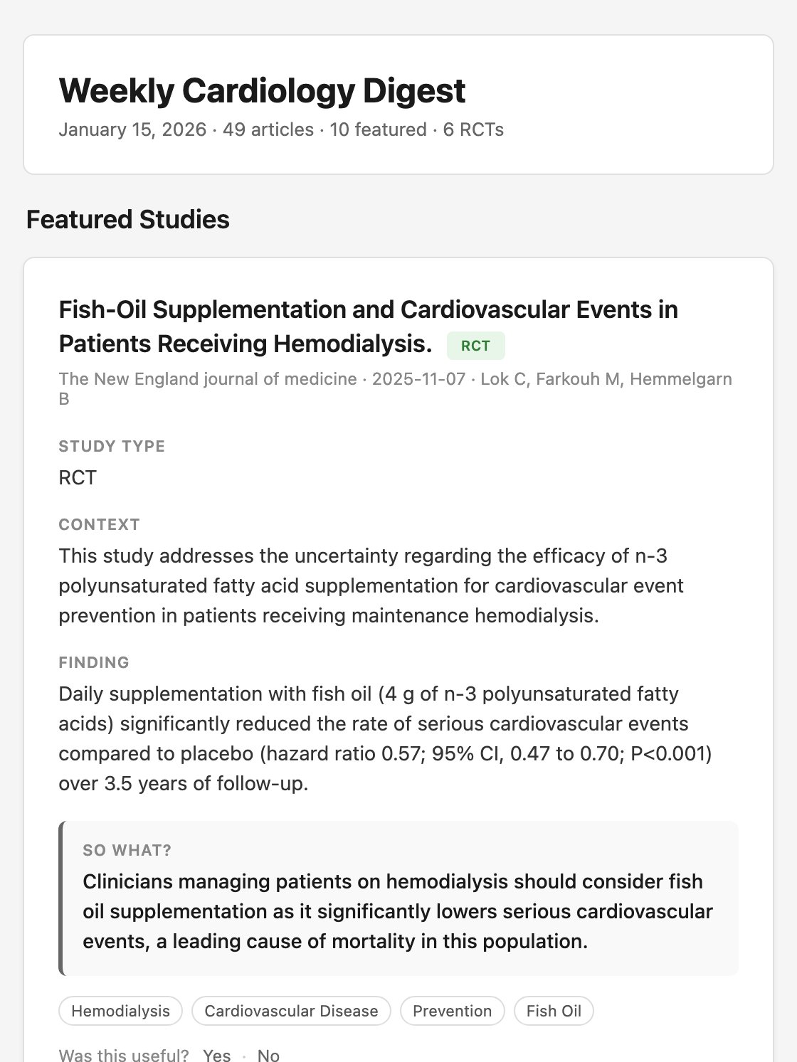 A featured RCT in a real digest issue: context, finding, a 'So what?' box and a 'Was this useful?' feedback link.